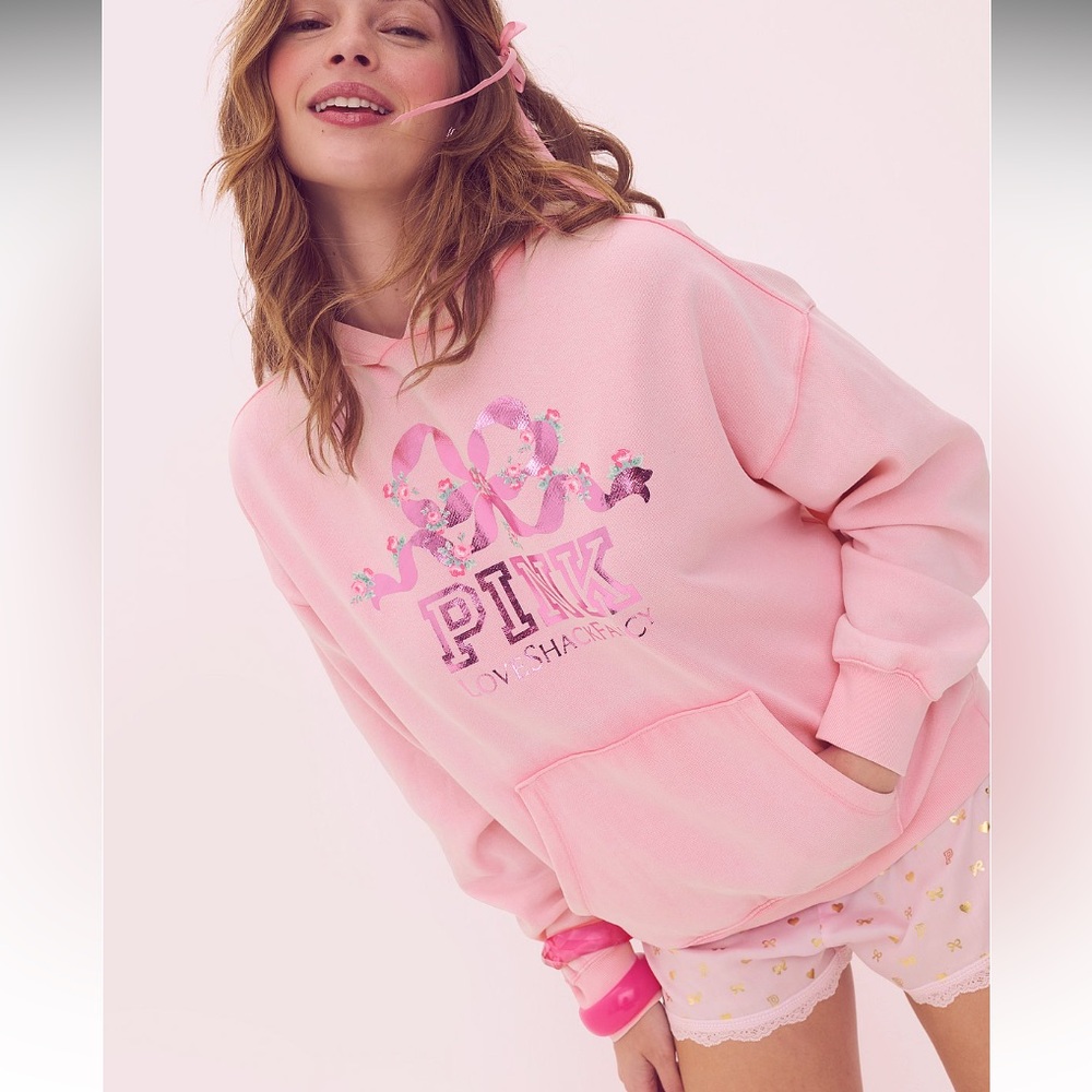 NWT PINK x LoveShackFancy Victoria’s Secret Lollipop Pink Bow Hoodie LARGE